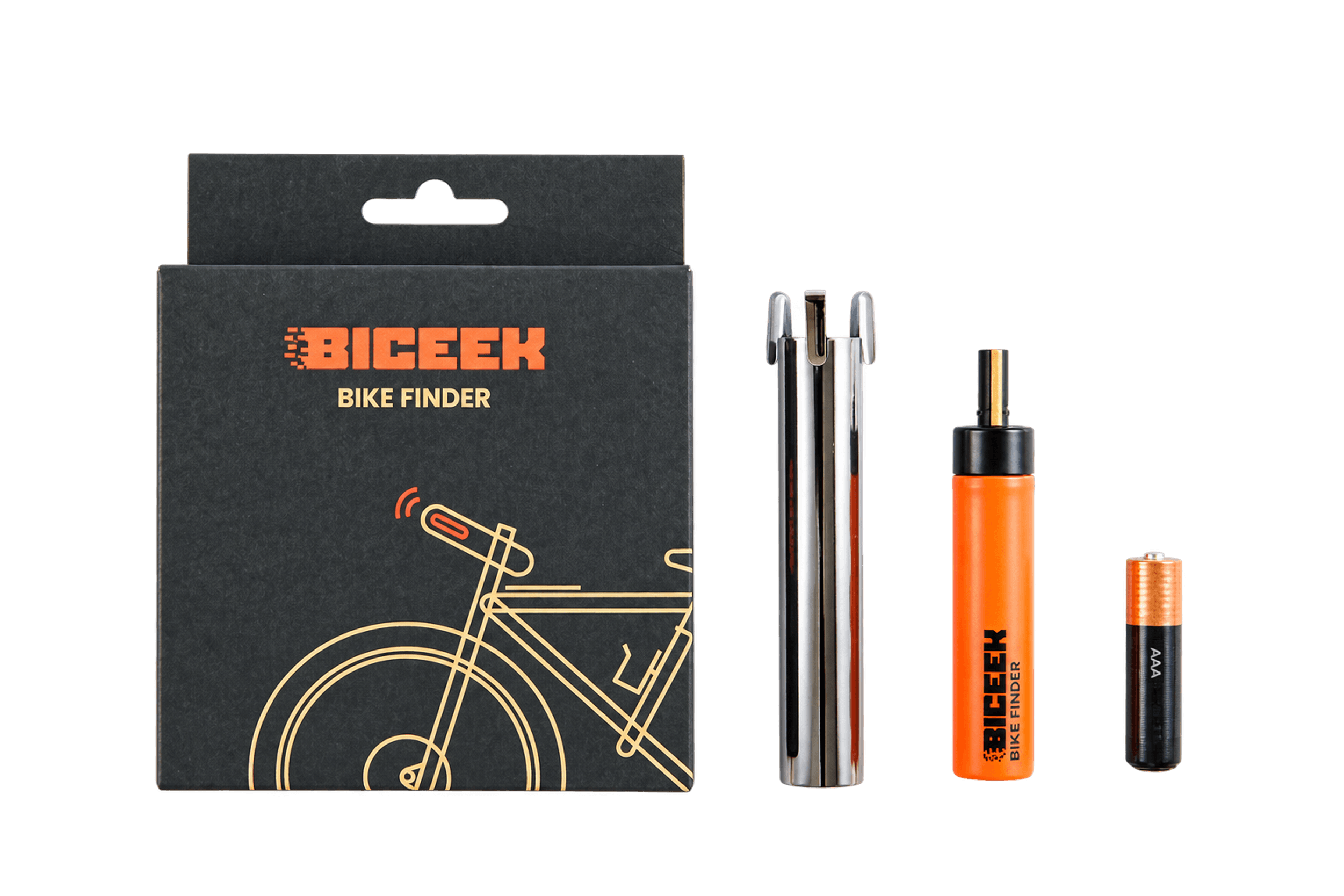 BICEEK Findhoo 200 packaging with metal sleeve, tracker and AAA battery